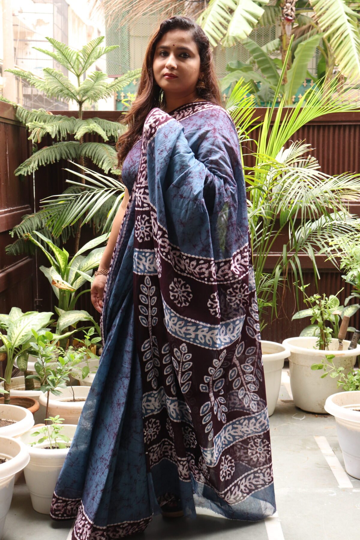 Batik Handblock Print Cotton Saree, blue saree, leaf print, motif, saree design
