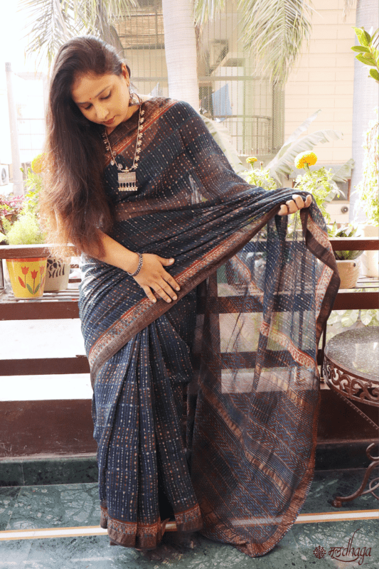 Red - Chanderi Silk Natural Dyed Hand Block Dabu Bagru Print Saree 60