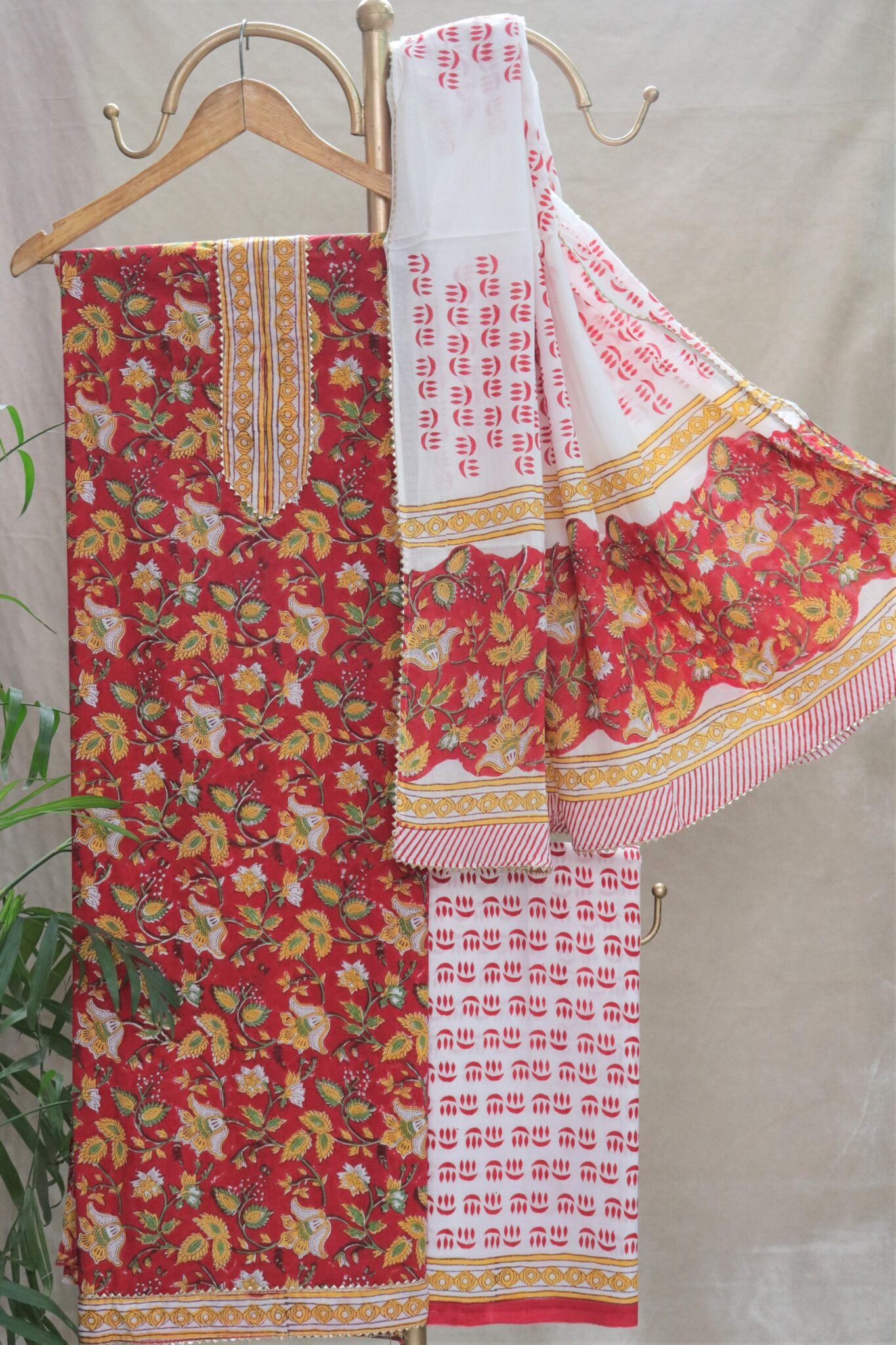 Sanganeri Hand Block Printed Cotton Suit 3 Piece Set With Gotta