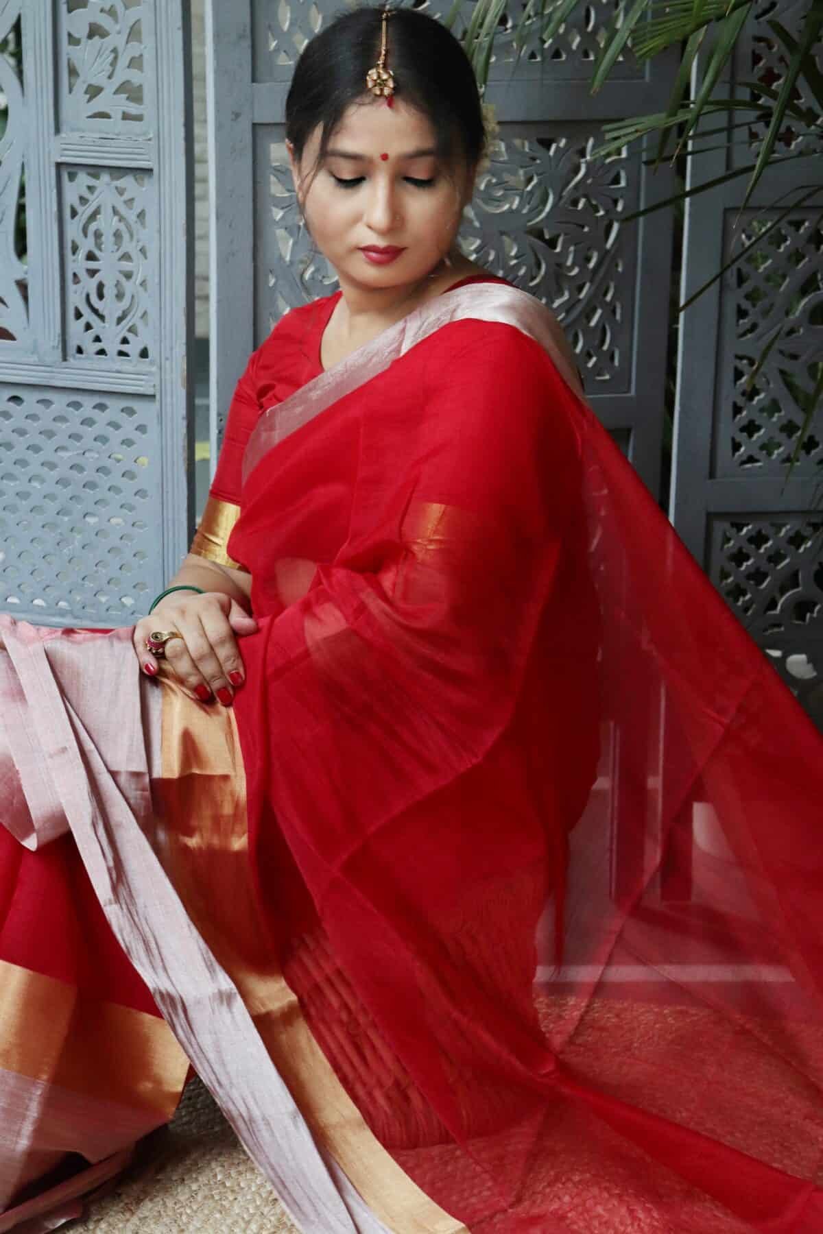 Handwoven Chanderi Silk Red Saree